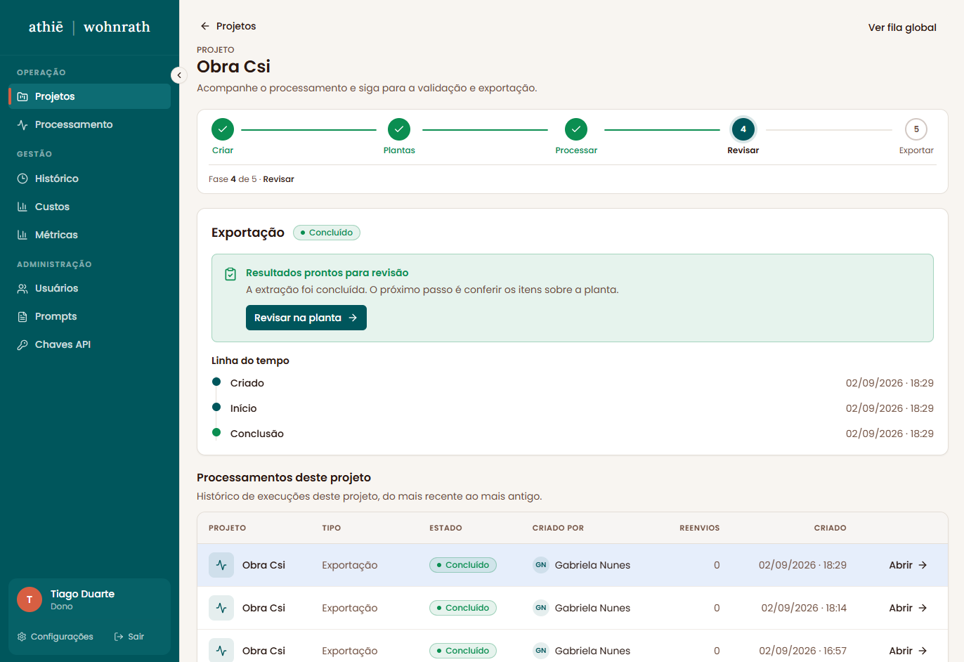 Tela do Supply MEP: projeto em revisão com linha do tempo e processamentos